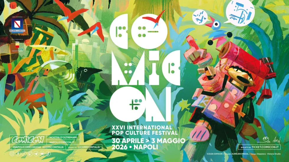 Poster ufficiale Comicon Napoli 2026 orizzontale disegnato da Leo Ortolani