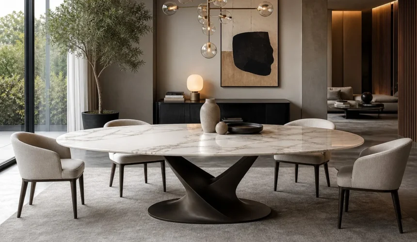 Ampio tavolo ovale in marmo bianco con base nera scultorea in un soggiorno moderno arredato con sedie imbottite, lampadario di design e tonalità neutre.