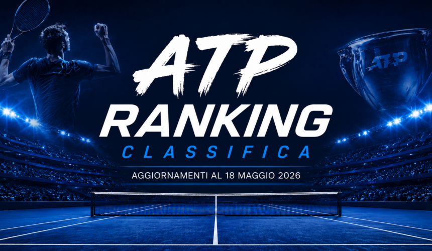 Grafica sportiva dedicata alla classifica ATP Ranking aggiornata al 18 maggio 2026, con campo da tennis illuminato, giocatore in silhouette e atmosfera blu cinematografica.