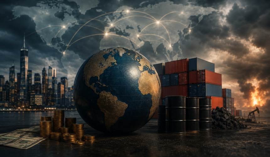 Globo terrestre circondato da container, barili di petrolio, monete e collegamenti mondiali sotto un cielo tempestoso che rappresenta il commercio globale e le tensioni economiche internazionali.