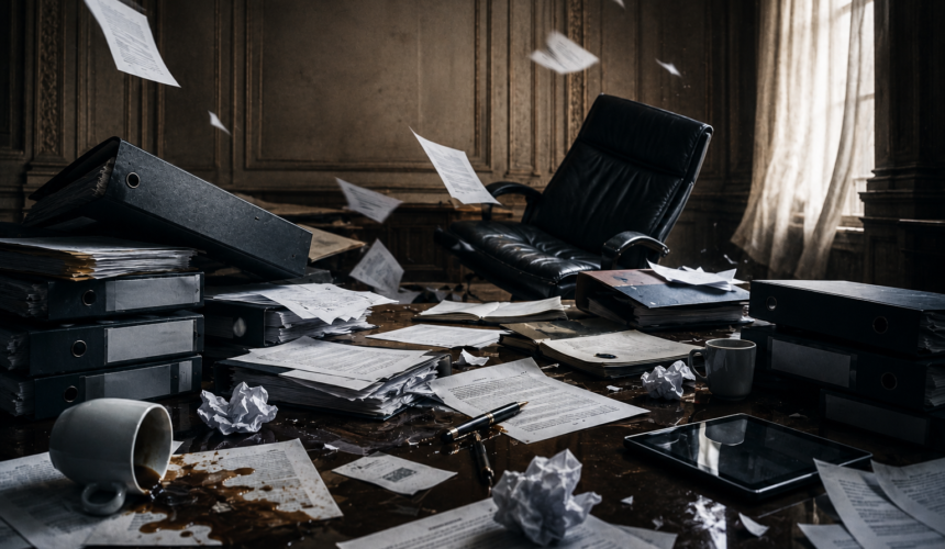 Ufficio istituzionale in completo disordine con documenti sparsi, faldoni, sedie vuote e atmosfera tesa e caotica senza presenza di persone.