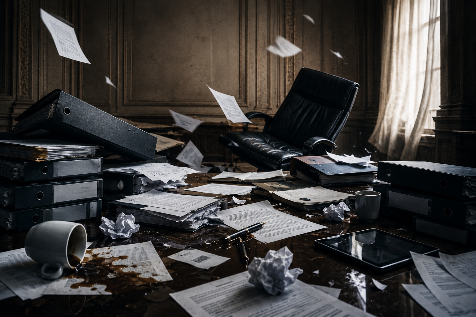 Ufficio istituzionale in completo disordine con documenti sparsi, faldoni, sedie vuote e atmosfera tesa e caotica senza presenza di persone.