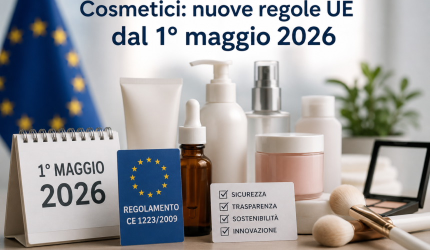Cosmetici e prodotti beauty accanto a simboli dell’Unione Europea e scritte sulle nuove normative UE dal 1° maggio 2026.