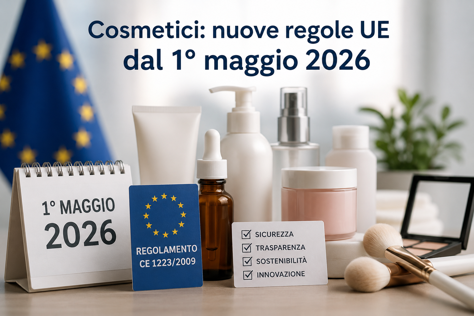Cosmetici e prodotti beauty accanto a simboli dell’Unione Europea e scritte sulle nuove normative UE dal 1° maggio 2026.