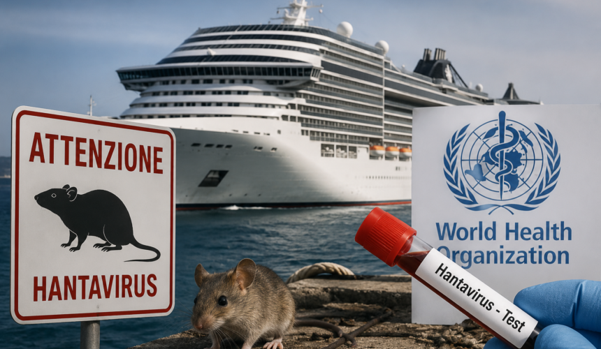 Nave da crociera sul mare con cartello di avviso Hantavirus, roditore in primo piano, provetta medica e simbolo dell’Organizzazione Mondiale della Sanità.