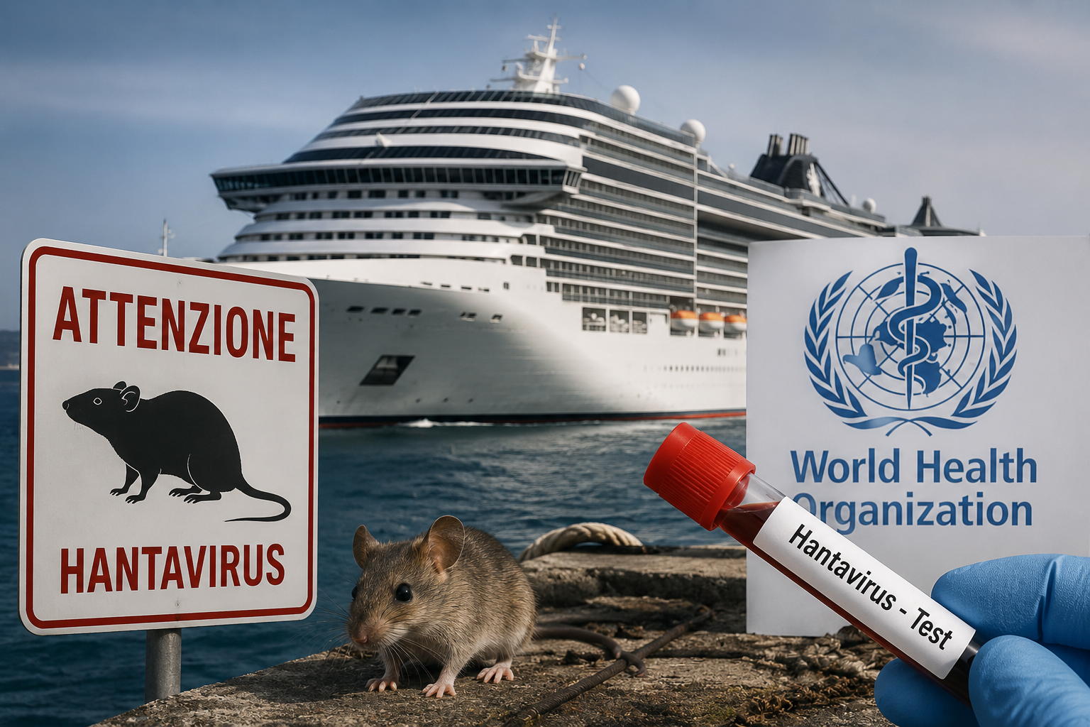 Nave da crociera sul mare con cartello di avviso Hantavirus, roditore in primo piano, provetta medica e simbolo dell’Organizzazione Mondiale della Sanità.