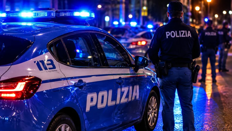 Agente della Polizia di Stato accanto a un'auto di servizio con lampeggianti blu accesi durante un intervento notturno in città. Sullo sfondo altre pattuglie e forze dell'ordine impegnate in un'operazione di controllo.