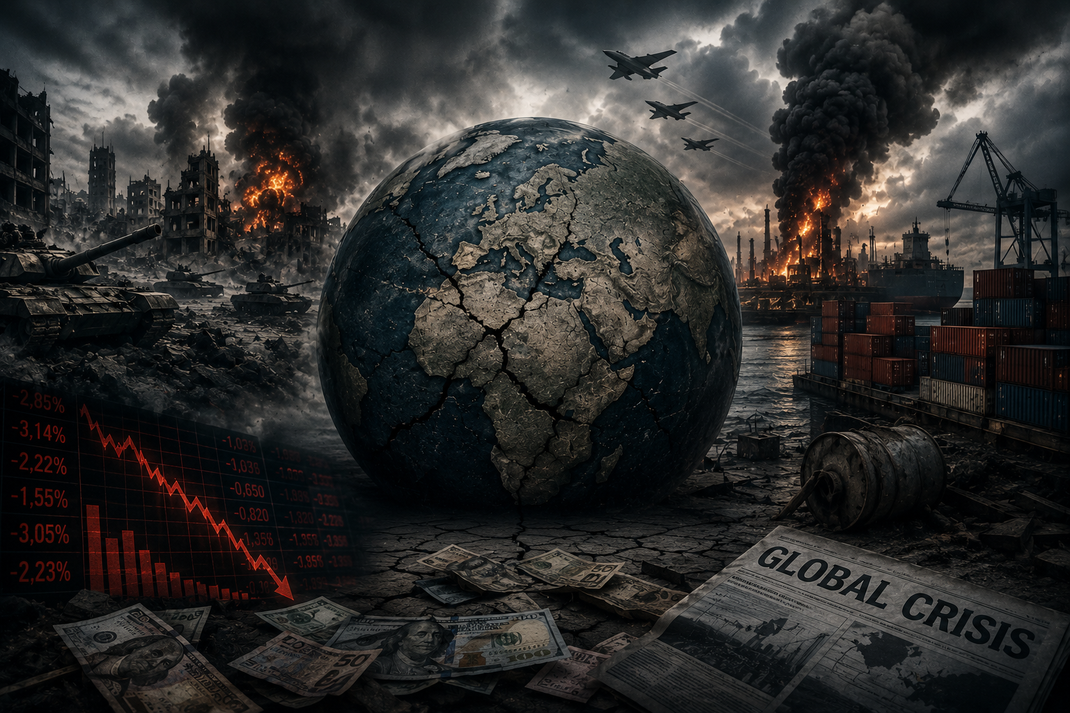 Illustrazione drammatica della crisi globale con un pianeta Terra danneggiato, proteste, fumo, mercati finanziari in calo e scenario urbano in tensione.