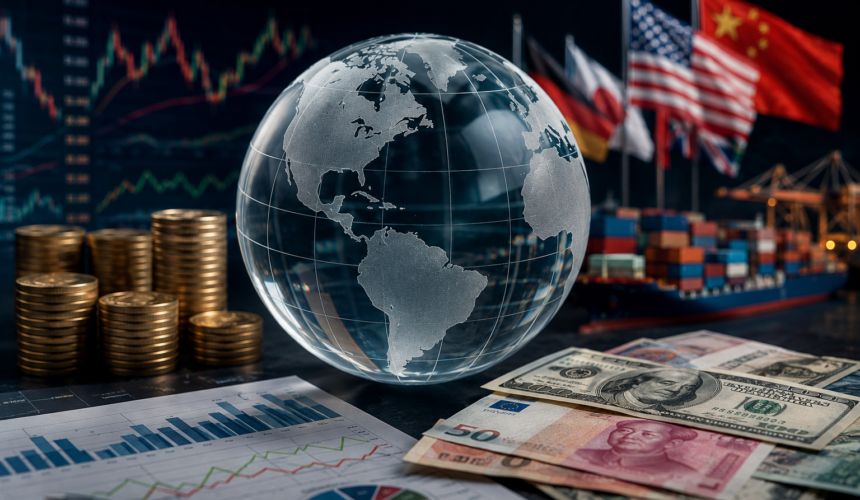 Globo terrestre trasparente circondato da monete, dollari, yuan, grafici finanziari, container e bandiere internazionali che rappresentano l’economia globale e i mercati mondiali.