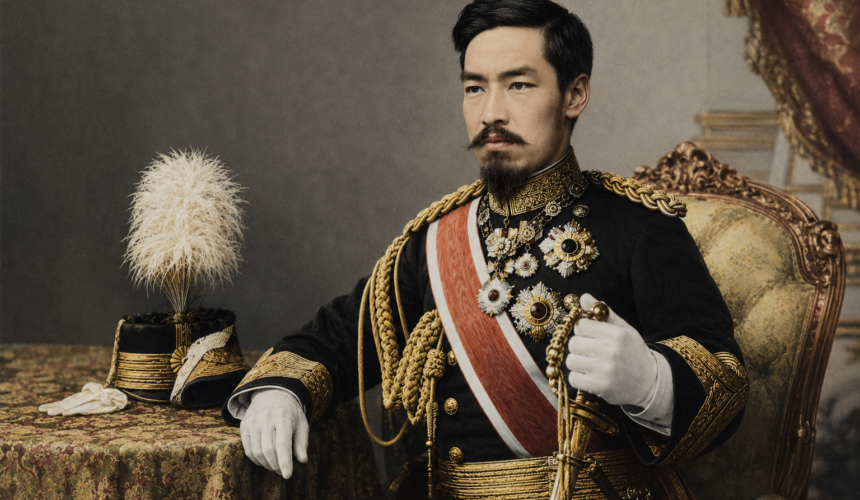 Ritratto dell’imperatore Meiji in uniforme cerimoniale con decorazioni imperiali e simboli del potere giapponese.