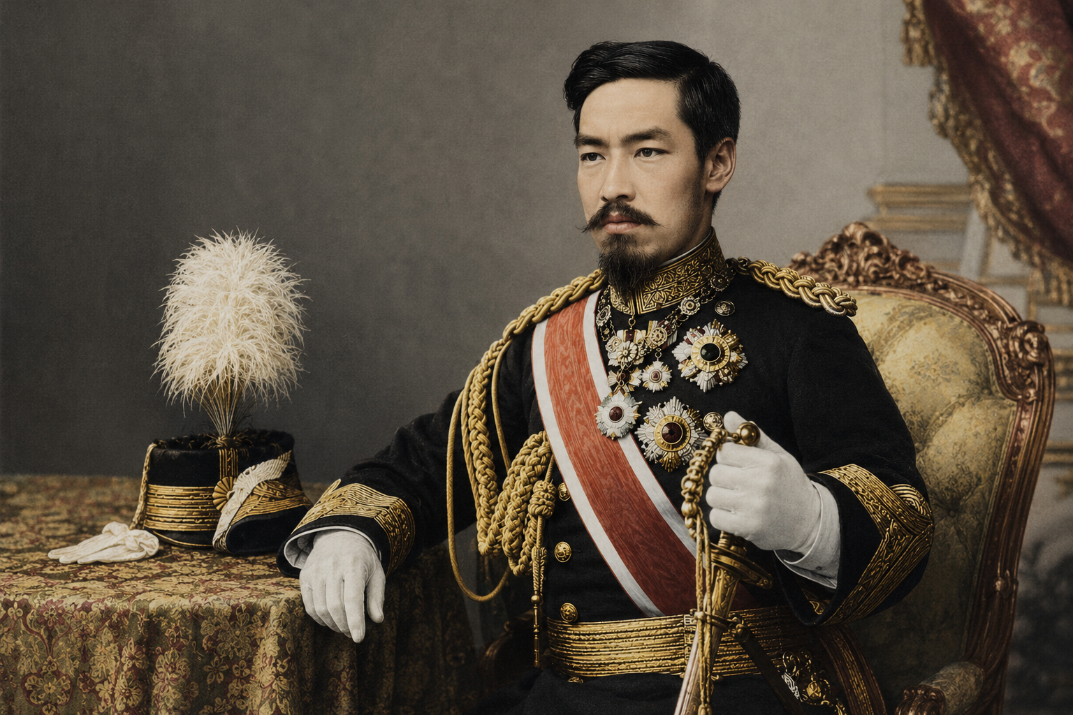 Ritratto dell’imperatore Meiji in uniforme cerimoniale con decorazioni imperiali e simboli del potere giapponese.