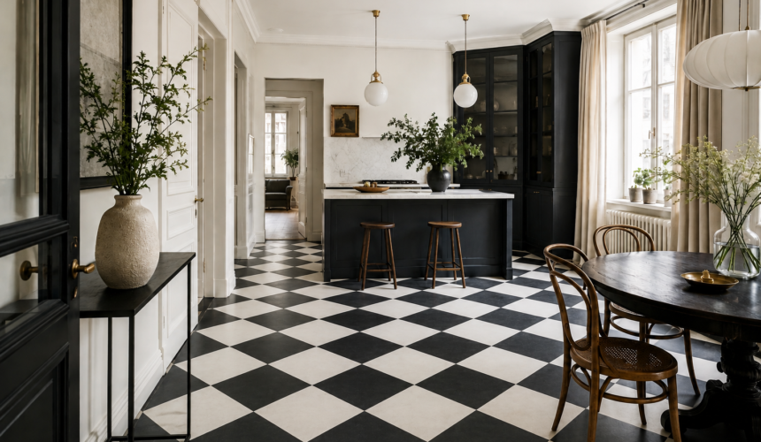 Interno elegante con cucina moderna e pavimento a scacchi bianco e nero, arredamento minimal e dettagli in legno naturale.