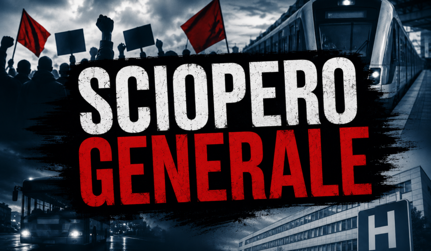 Grafica dedicata a uno sciopero generale con grande scritta “Sciopero Generale” su sfondo urbano con mezzi pubblici e atmosfera di protesta.