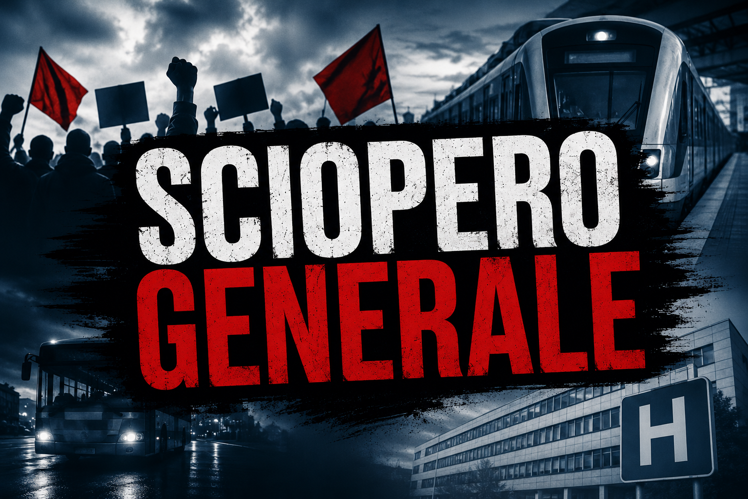 Grafica dedicata a uno sciopero generale con grande scritta “Sciopero Generale” su sfondo urbano con mezzi pubblici e atmosfera di protesta.