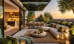 Terrazzo moderno arredato con divani outdoor, tavolo in legno, illuminazione calda e piante decorative in un ambiente contemporaneo elegante.