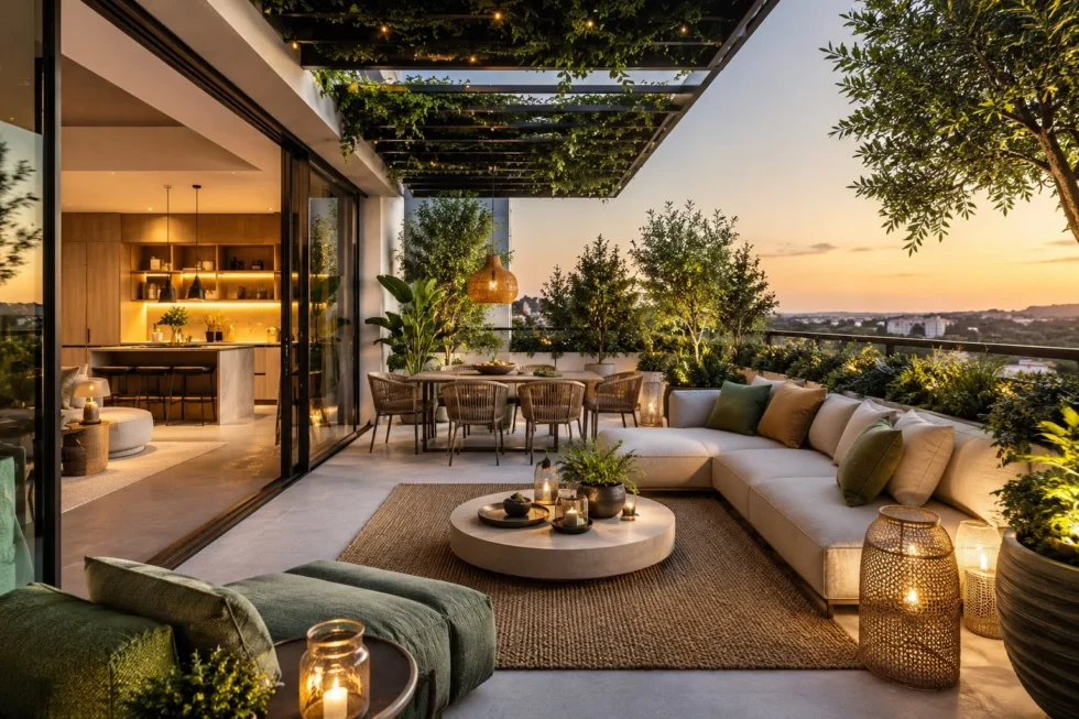 Terrazzo moderno arredato con divani outdoor, tavolo in legno, illuminazione calda e piante decorative in un ambiente contemporaneo elegante.