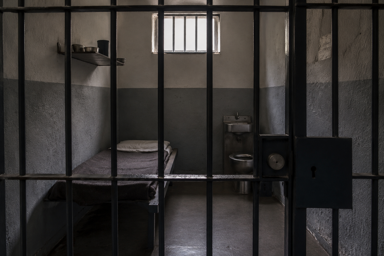 Cella di carcere con letto singolo, lavabo e sbarre metalliche in primo piano, illuminata da una piccola finestra con grate.