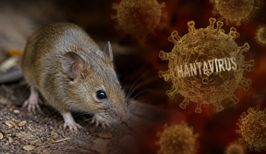Topo marrone in primo piano accanto a rappresentazioni digitali del virus Hantavirus su sfondo scuro dai toni rossi.