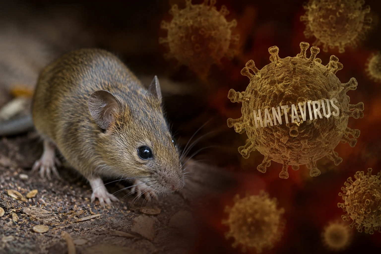 Topo marrone in primo piano accanto a rappresentazioni digitali del virus Hantavirus su sfondo scuro dai toni rossi.