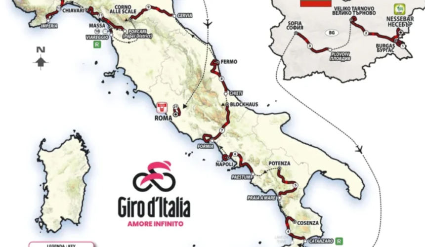 Mappa del percorso del Giro d'Italia che attraversa diverse città italiane dalla Liguria fino al Sud Italia.