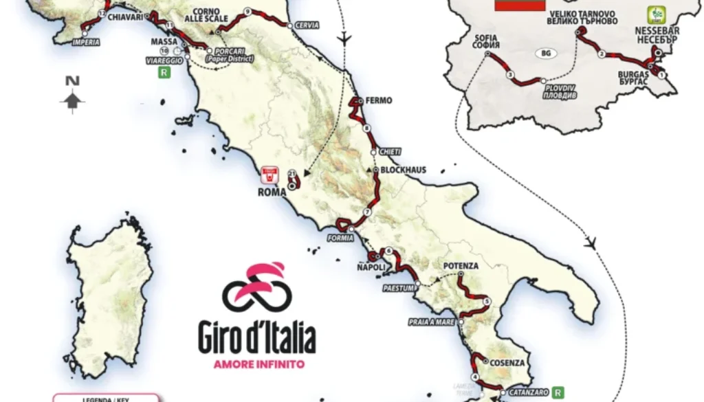 Mappa del percorso del Giro d'Italia che attraversa diverse città italiane dalla Liguria fino al Sud Italia.