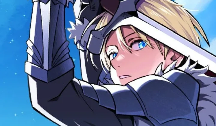 Personaggio anime biondo con armatura scura e occhi azzurri impugna una spada in una scena fantasy tratta da The Sword-Eating Swordmaster.