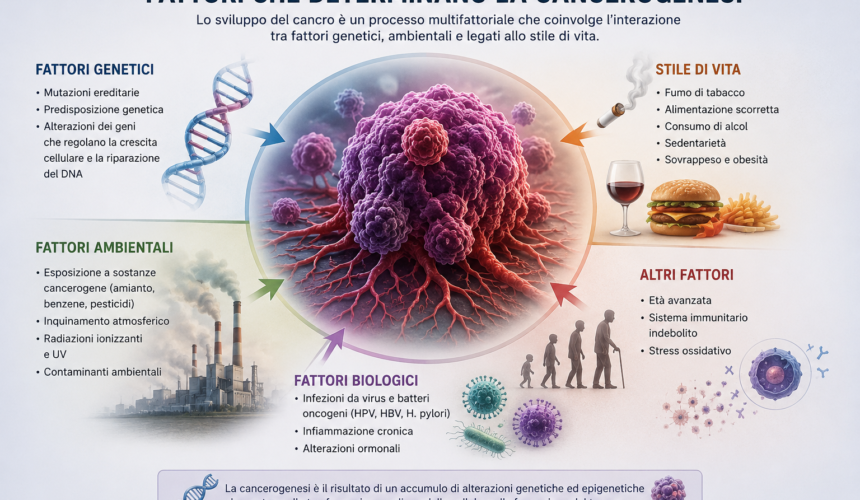 Infografica scientifica che mostra i principali fattori della cancerogenesi, tra cui genetica, ambiente, stile di vita e fattori biologici, con una cellula tumorale al centro.