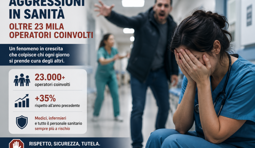 Operatrice sanitaria seduta in ospedale con il volto coperto dalle mani mentre sullo sfondo un uomo urla in modo aggressivo nel corridoio.
