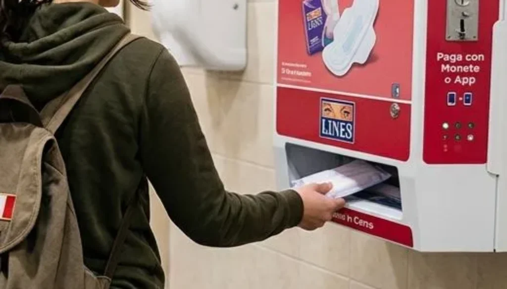 Persona con zaino mentre ritira un assorbente da un distributore automatico rosso installato in un bagno pubblico.