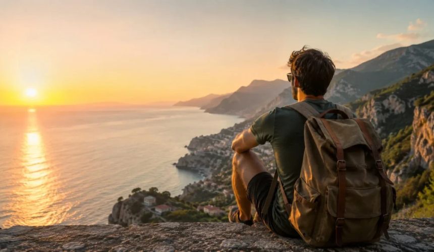 Giovane viaggiatore con zaino seduto su una scogliera mentre osserva il tramonto sul mare e una costa montuosa.