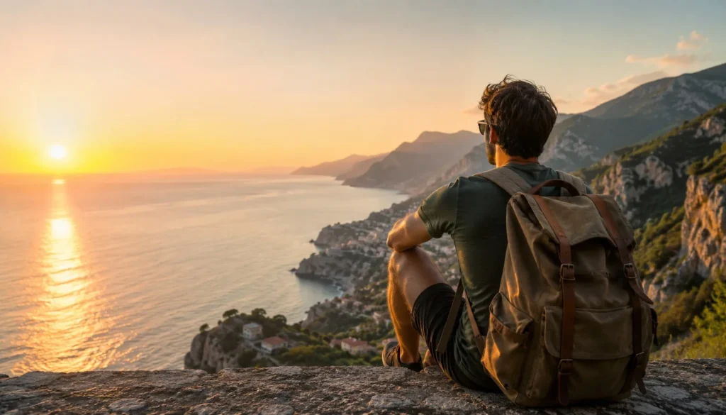 Giovane viaggiatore con zaino seduto su una scogliera mentre osserva il tramonto sul mare e una costa montuosa.