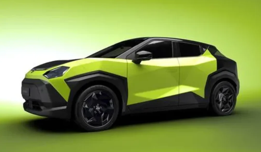 SUV compatto Nissan Juke di colore verde acceso con dettagli neri e linee geometriche moderne su sfondo sfumato.