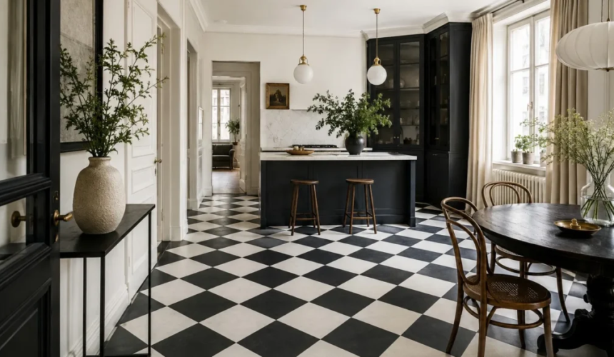 Interno di un appartamento elegante con pavimento a scacchi bianco e nero, cucina moderna scura e arredi in stile classico contemporaneo.