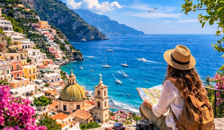 Turista con cappello e zaino osserva la Costiera Amalfitana dall’alto con vista sul mare cristallino e sulle case colorate.