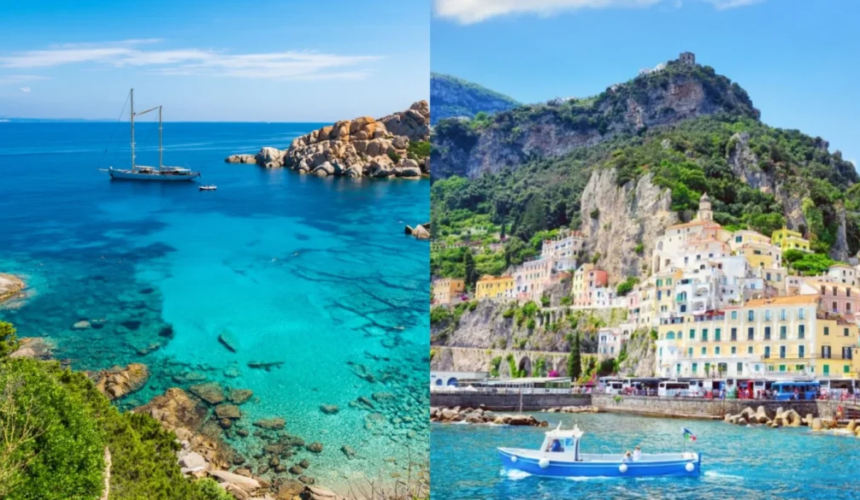 Collage con mare cristallino della Sardegna e panorama della Costiera Amalfitana con case colorate affacciate sul mare.