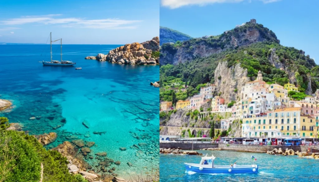 Collage con mare cristallino della Sardegna e panorama della Costiera Amalfitana con case colorate affacciate sul mare.