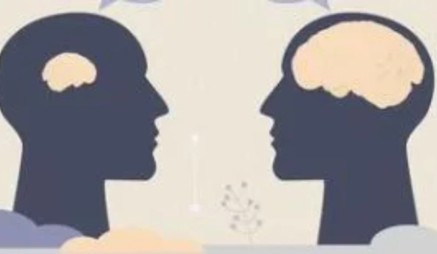Illustrazione minimalista con due profili umani stilizzati che mostrano cervelli di dimensioni diverse all’interno della testa.