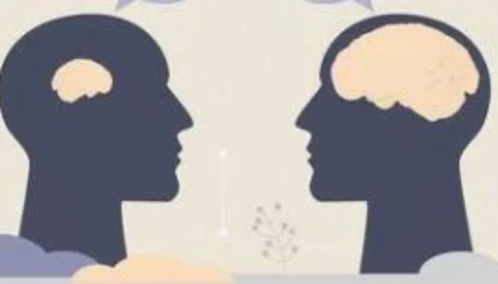 Illustrazione minimalista con due profili umani stilizzati che mostrano cervelli di dimensioni diverse all’interno della testa.