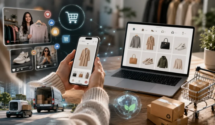 Persona che fa shopping online tramite smartphone e laptop con prodotti di moda, social media, consegne e-commerce e simboli digitali sullo sfondo.