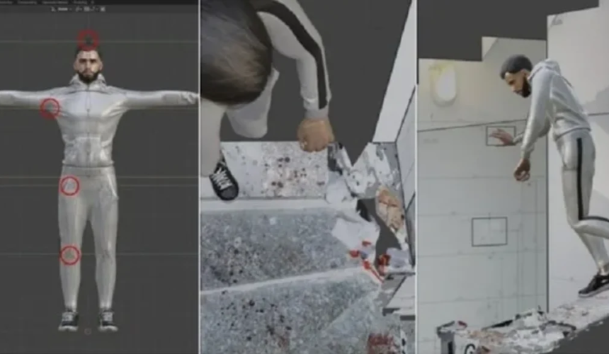 Sequenza di immagini digitali con un modello umano in tuta chiara durante una ricostruzione virtuale di una caduta in un ambiente 3D