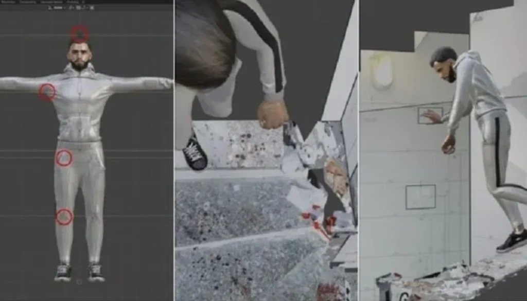 Sequenza di immagini digitali con un modello umano in tuta chiara durante una ricostruzione virtuale di una caduta in un ambiente 3D