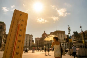 Termometro che segna una temperatura elevata sotto un sole intenso in una piazza cittadina, mentre una donna si protegge con un ombrello dal caldo estremo. L'immagine rappresenta gli effetti delle ondate di calore legate al cambiamento climatico.