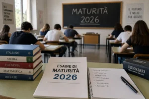 Studenti impegnati nella prova scritta dell'Esame di Maturità 2026 in un'aula scolastica. In primo piano un fascicolo dell'esame e alcuni libri scolastici, sullo sfondo la lavagna con la scritta "Maturità 2026".