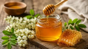 Barattolo di miele dorato con colino in legno e favo appoggiati su un tavolo rustico, circondati da fiori bianchi e foglie verdi.