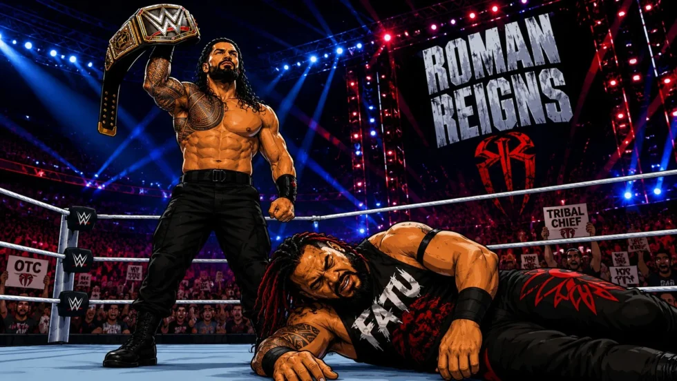 Roman reigns che alza la cintura contro jacob fatu
