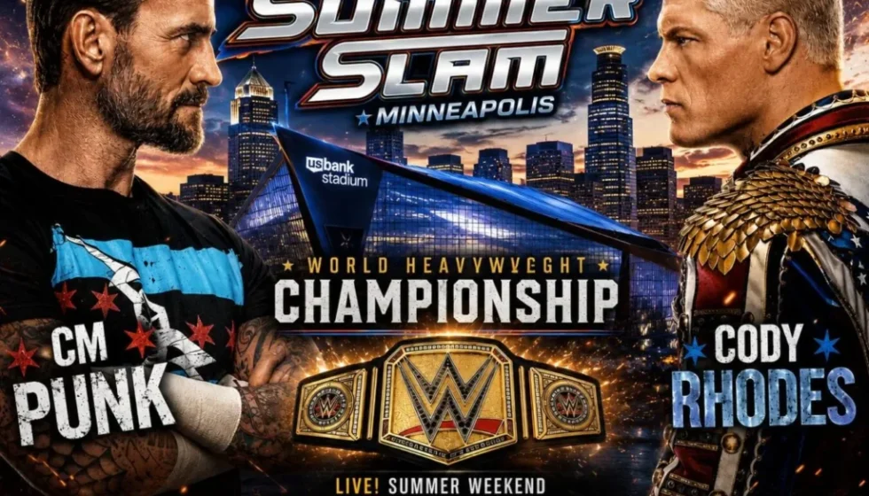 Grafica promozionale di SummerSlam con CM Punk e Cody Rhodes uno di fronte all'altro per il World Heavyweight Championship.