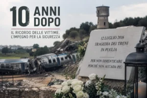 Composizione simbolica dedicata ai dieci anni dalla tragedia ferroviaria in Puglia, con un memoriale, fiori e un treno sullo sfondo a rappresentare il ricordo delle vittime.