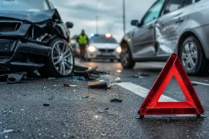 Triangolo di emergenza in primo piano davanti a due auto incidentate, con pattuglia delle forze dell'ordine sullo sfondo durante un intervento su strada.
