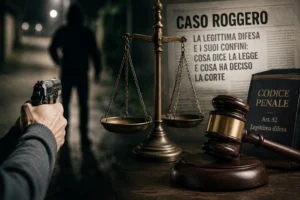 Illustrazione simbolica con una mano che impugna una pistola, una figura nell'ombra, una bilancia della giustizia e un martelletto del giudice, a rappresentare il dibattito sulla legittima difesa.