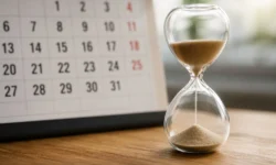 Clessidra su un tavolo in primo piano con un calendario sfocato sullo sfondo, simbolo del trascorrere del tempo e del valore di un anno.
